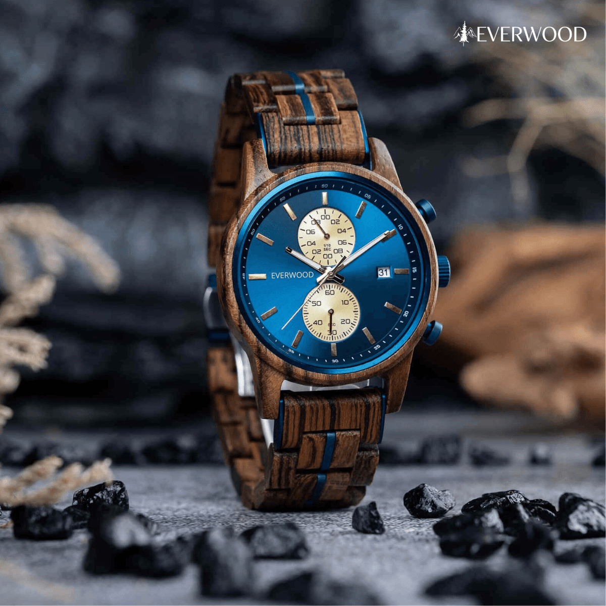 EverWood™ - Classic Walnut Blue Chronograph 44mm - EverWood ® Fa Karórák | Férfi & Női Karóra Faóra Fakaróra EverWood